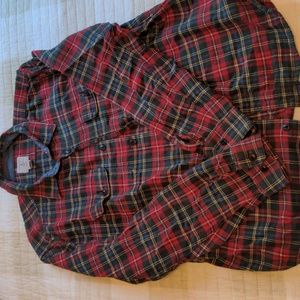 Lans End FLANNEL RED PLAID  Size 14/16 HUSKY Button Down long sleeve